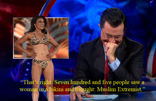 Stephen Colbert Miss America woman in bikini Muslim Extremist
