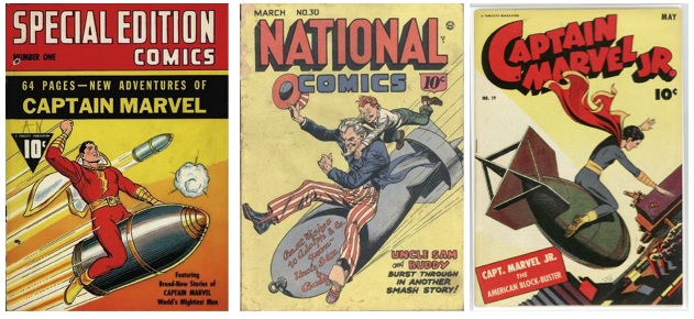 Captain Marvel, Captain Marvel Jr. and Uncle Sam riding rockets during WWII