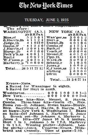 Lou Gehrig's streak starts: June 1, 1925