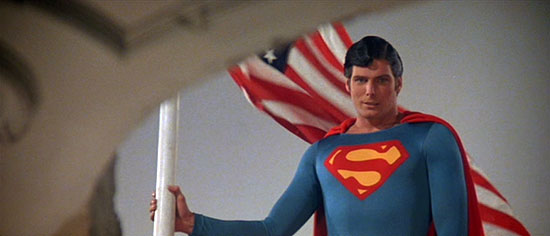 Superman and the American flag in Superman II