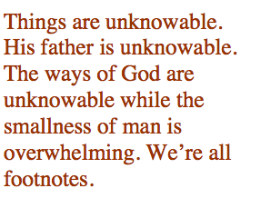 Things are unknowable. His father is unknowable. The ways of God are unknowable while the smallness of man is overwhelming. We’re all footnotes.