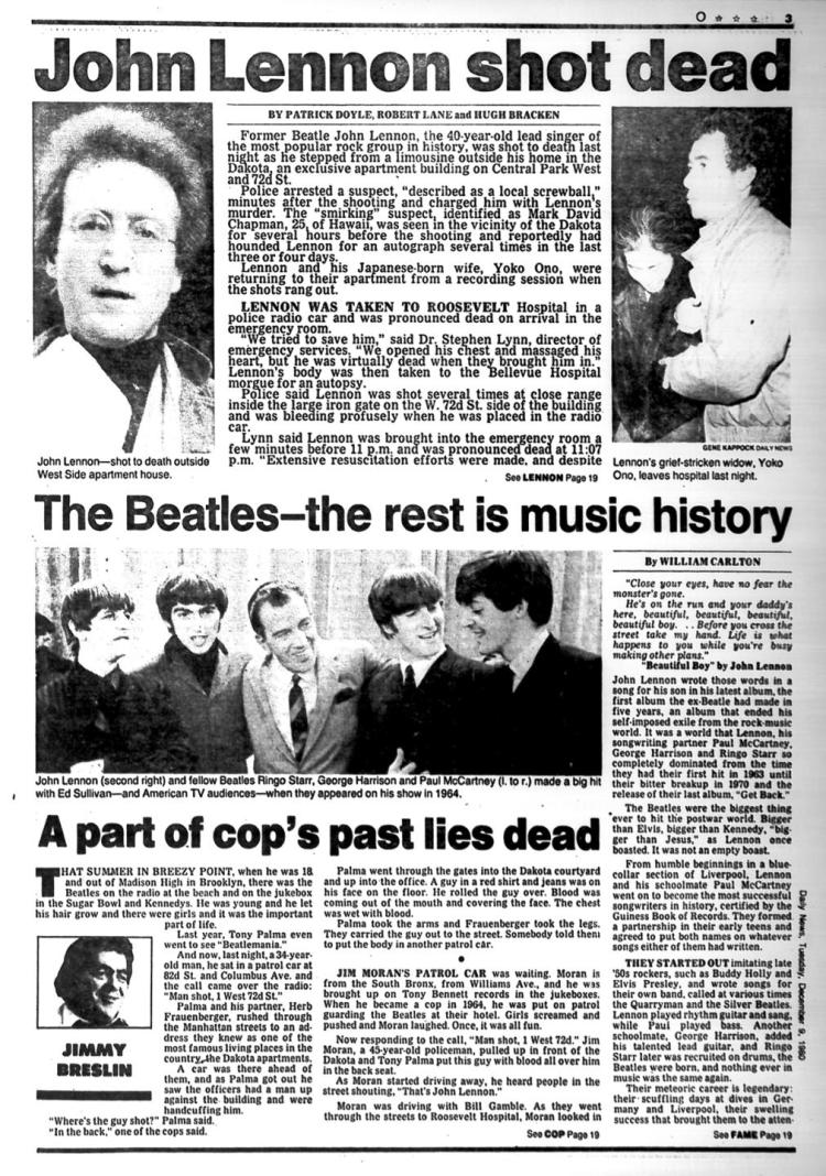 NY Daily News on the day John Lennon was killed