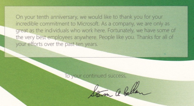10th anniversary card from Steve Ballmer and Microsoft