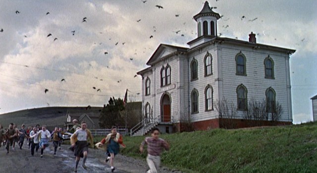 The Potter Schoolhouse under attack in Hitchcock's "The Birds"