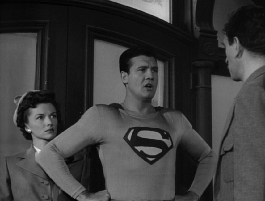 Superman confronts Luke Benson and a mob on the hospital steps in "Superman and the Mole Men" (1951)