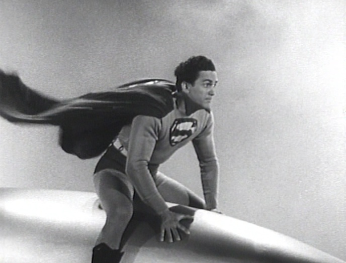 Superman (Kirk Alyn) riding a missle or rocket in "Atom Man vs. Superman" (1950)