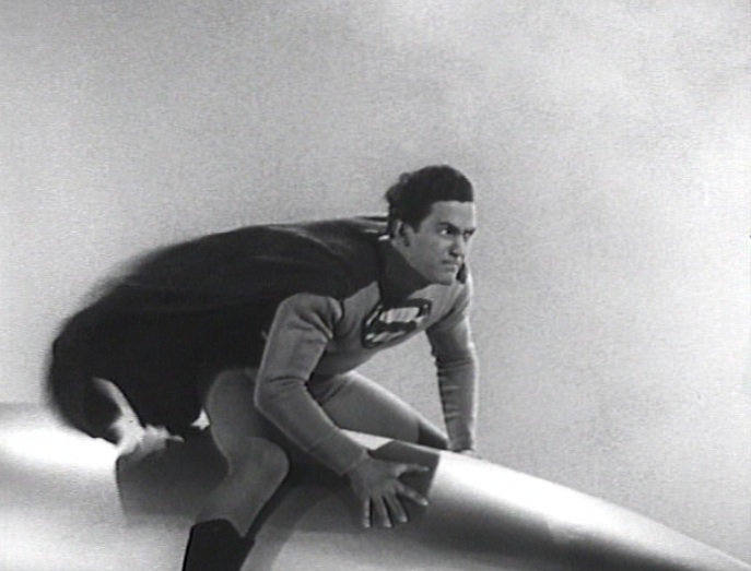 Superman (Kirk Alyn) riding a missle or rocket in "Atom Man vs. Superman" (1950)