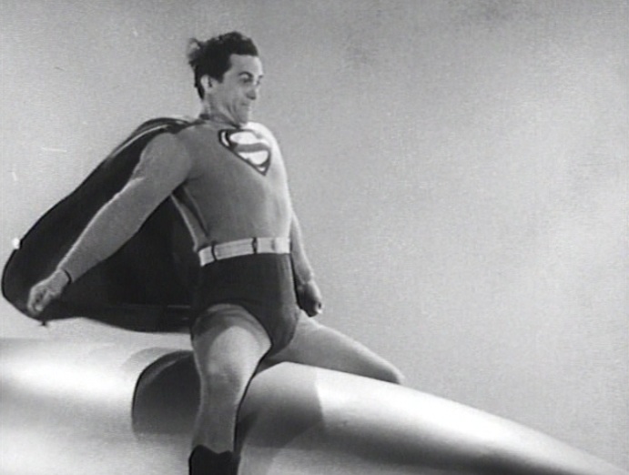 Superman (Kirky Alyn) riding a rocket or missile in "Atom Man vs. Superman" (1950)